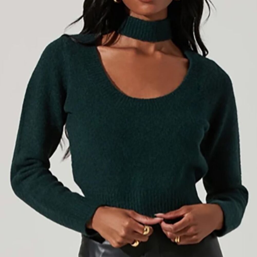 Astr the Label Marion Cropped Mock Neck Sweater Evergreen Forest Cutout Knit S
